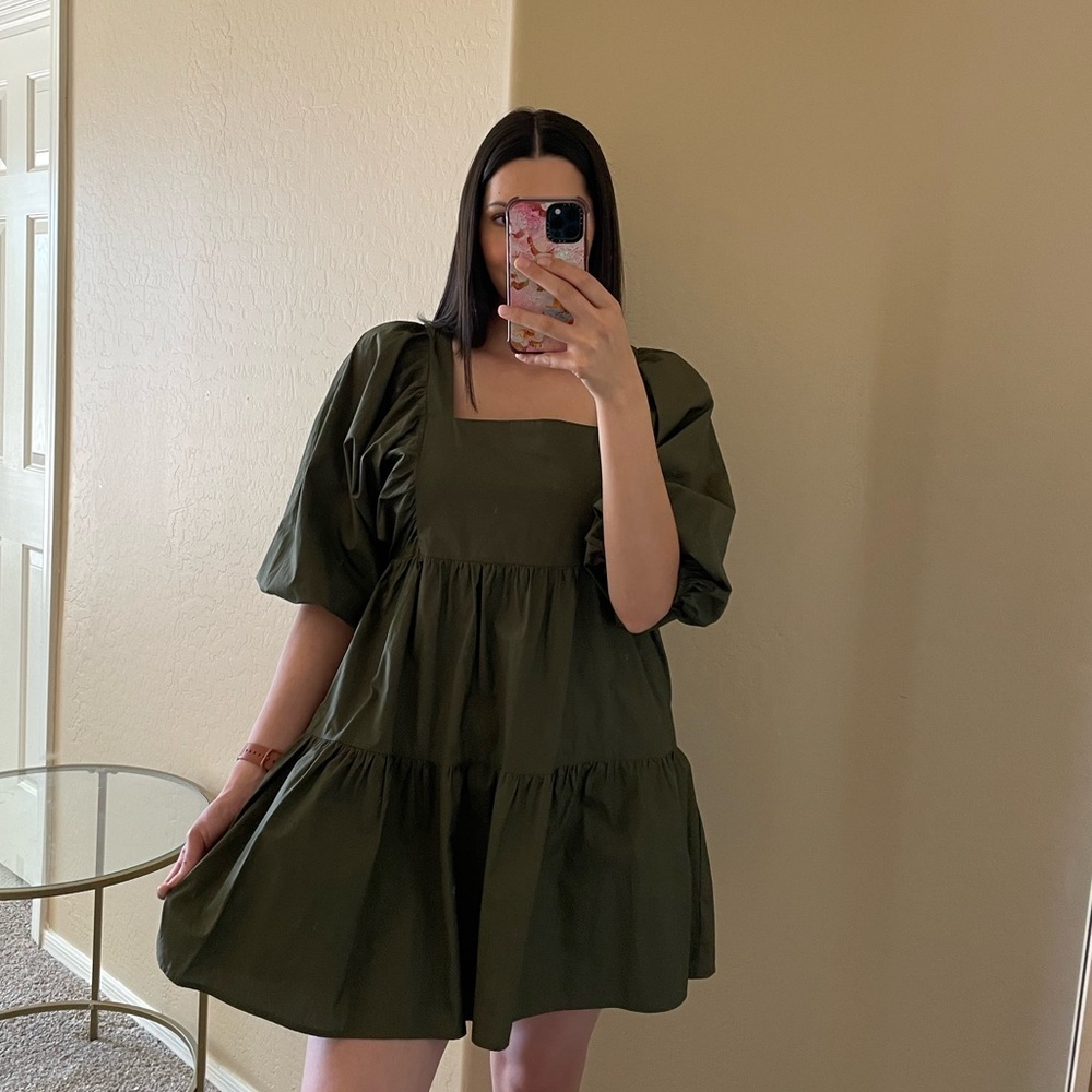 A New Day - Olive Green Puff Sleeve Tiered Dress